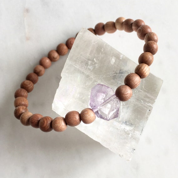 Rose Wood Beaded Bracelet w/ Beautiful Faceted AMETHYST Healing Beads// Stacking Statement Bracelet// Healing Crystals// February Birthstone