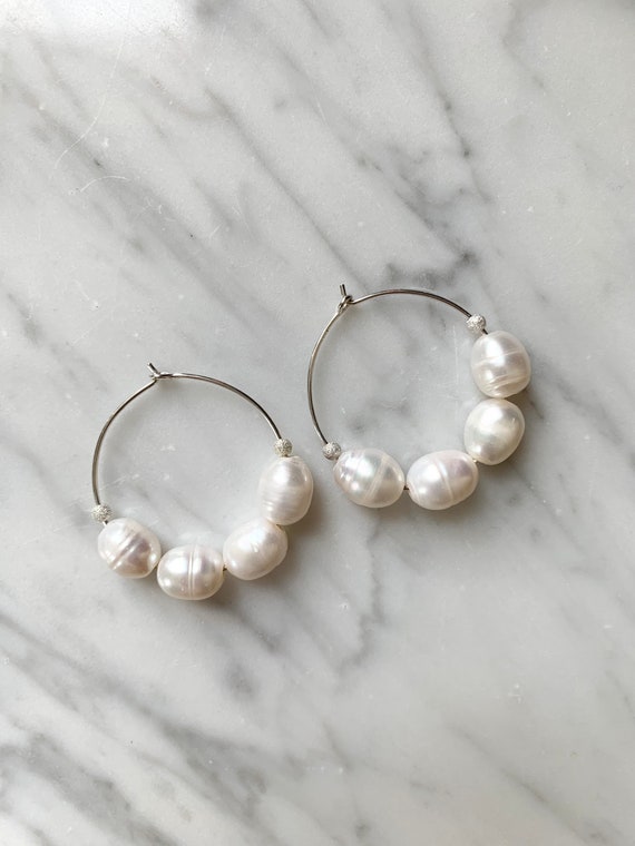 PEARL w/ Sterling Stardust Beads + Silver Hoop Earrings/ Hoops/ Trendy Hoops// Beaded Earrings/ Nautical// JUNE Birthstone