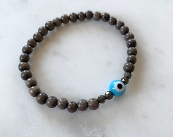 Powder Blue Glass EVIL EYE w/ PYRITE Healing Beads w/Gray Wood Beaded Bracelet/ Stacking Bracelet/ Statement Bracelet/ Healing/ Protection