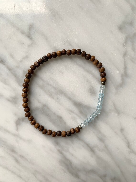 Stunning Faceted Blue TOPAZ + PYRITE Healing Beads w/Robles Wood Beaded Bracelet// Healing Bracelet// November BIRTHSTONE Jewelry// Topaz