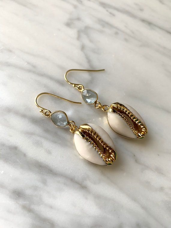 Beautiful GOLD-Dipped Goddess COWRIE Shell + Blue TOPAZ Earrings/ Earrings/ Shell Earrings/ Seashell Jewelry/ Nautical Jewelry/ Cowry Shells