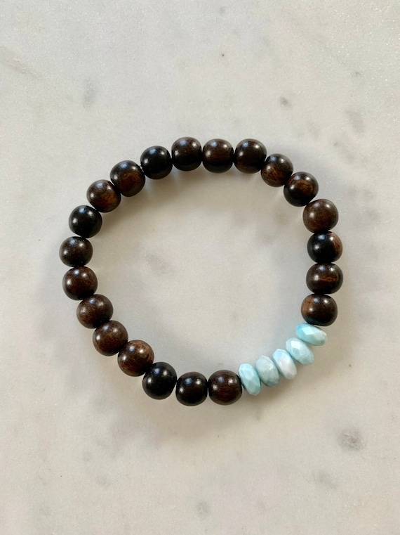 Faceted LARIMAR Healing Beaded Bracelet with Tiger Ebony Wood Beads// Statement Bracelet// Stacking Bracelet// Healing Bracelet// Larimar