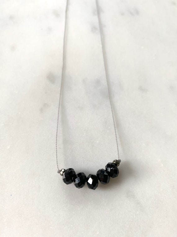 Black TOURMALINE + Pyrite GEM Drop Healing NECKLACE w/Faceted Beads on Nylon Cord// Layering Necklace// Delicate Jewelry// Grounding Stones