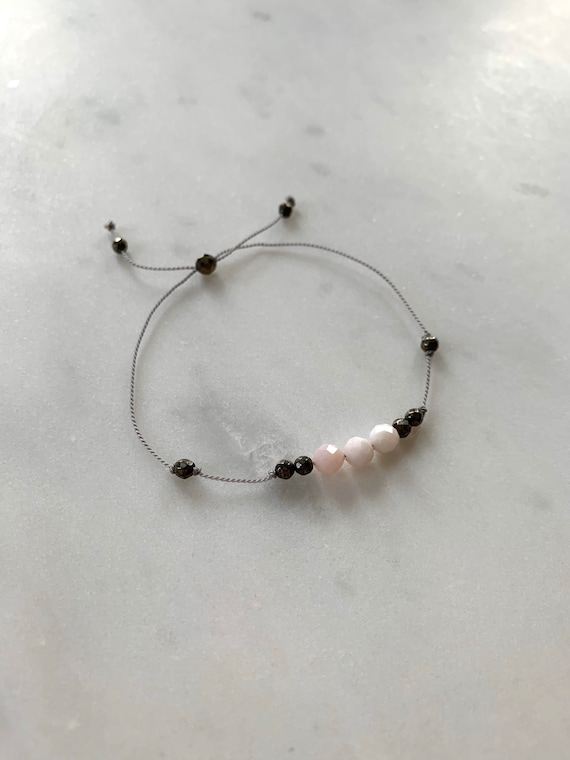 GODDESS Collection> Pink OPAL + Pyrite Healing Beads// Faceted Gemstones// Minimalism// Adjustable Nylon Bracelet// Layering// Pop of Color