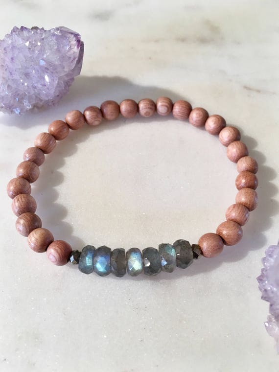 Rose Wood Beaded Bracelet with BEAUTIFUL Faceted Labradorite + Pyrite Healing Beads// Healing Bracelet// Chakra Balancing