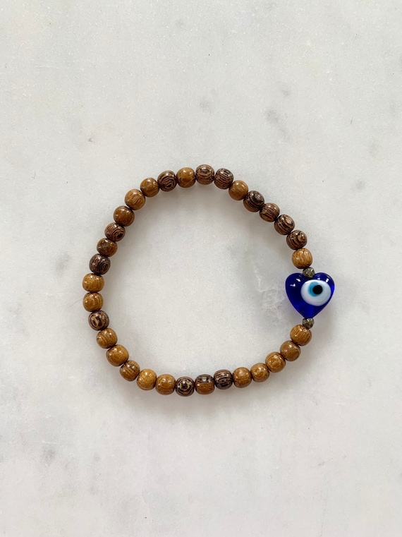 Beautiful Glass EVIL EYE w/ PYRITE Healing Beads w/Robles Wood Beaded Bracelet/ Stacking Bracelet/ Statement Bracelet/ Healing/ Protection