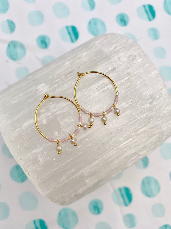 Pink Glass Beaded + Dangle PEARL Gold Vermeil Sterling Silver HOOP Earrings Hoop Earrings/ Trendy Hoops/ Beaded Earrings/ Nautical Jewelry