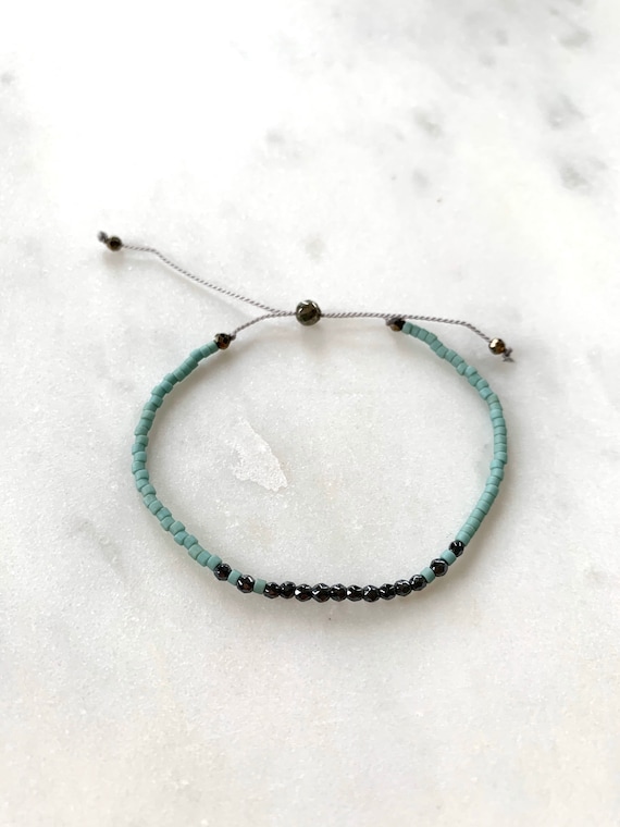 GODDESS Collection> HEMATITE Healing Beads w/Matte Rustic Turquoise Glass Beads/ Adjustable Nylon Bracelet/Layering/ Pop of Color/ Grounding