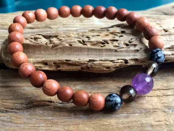 PROTECTION ~Positive Mantra Bracelet~ Wooden Bracelet with a Mix of Semi-Precious Stones (Amethyst, Smokey Quartz, and Snowflake Obsidian)