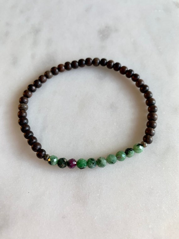 Itty Bitty Faceted ZOISITE + RUBY + Pyrite Healing Bracelet w/ 4mm Tiger Ebony Wood Beads/ Statement Bracelet/ Healing Bracelet