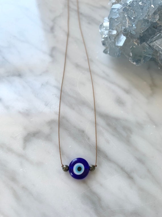 EVIL EYE Gem Drop HEALING Necklace w/Faceted Pyrite + Glass Evil Eye on Silk Cord w/Sterling Clasp/ Layering Necklace/ Protection Jewelry