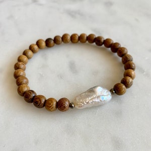 Beautiful Fresh Water PEARL + PYRITE Healing Beads w/ Robles Wood Beaded Bracelet// Statement Bracelet/ Birthstone Jewelry// JUNE Birthstone