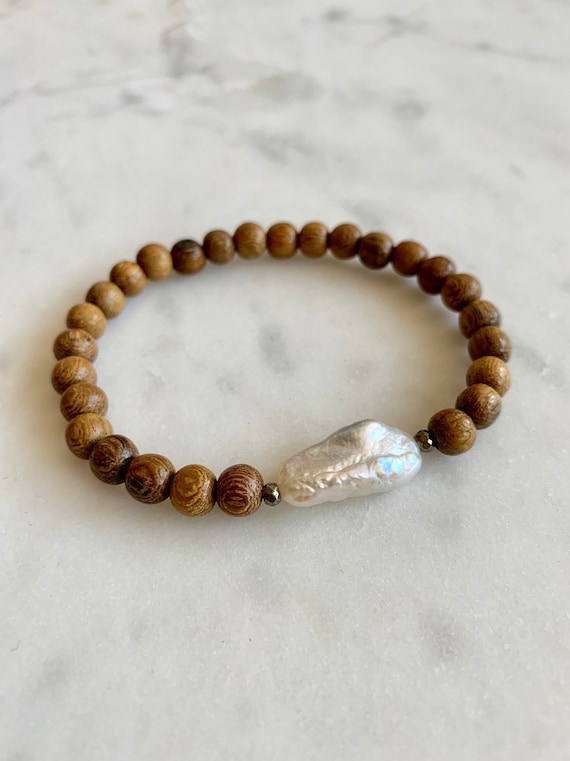 Beautiful Fresh Water PEARL + PYRITE Healing Beads w/ Robles Wood Beaded Bracelet// Statement Bracelet/ Birthstone Jewelry// JUNE Birthstone