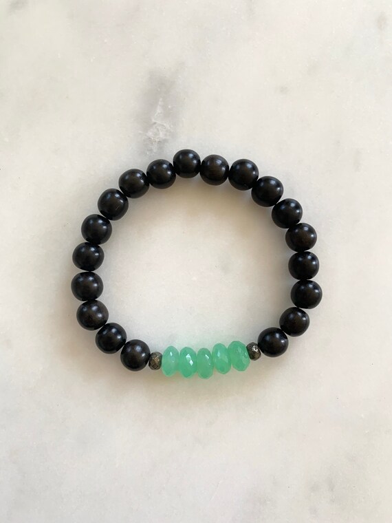 Beautiful Faceted CHRYSOPRASE + Pyrite Healing Beads w/Tiger Ebony Wood Beaded Bracelet/ Stacking Bracelet/ Statement Bracelet/ Heart Chakra