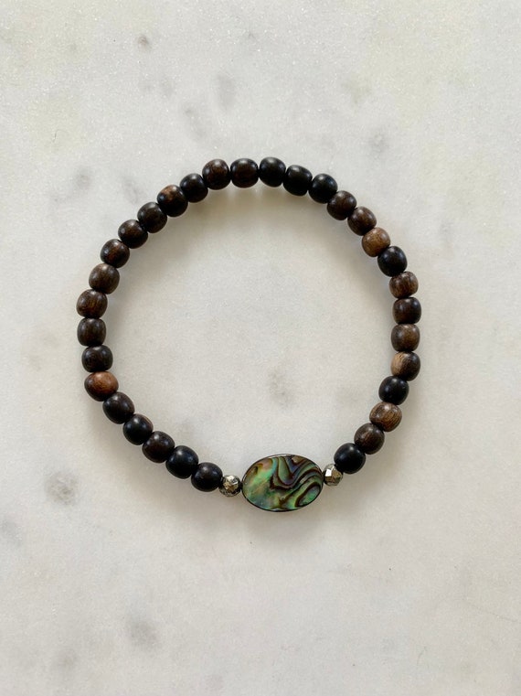 Itty Bitty ABALONE + Pyrite Healing Bracelet Ebony Wood Beads/ Statement Bracelet/ Healing Bracelet/ Nautical/ Summer Style/ Paua Shell