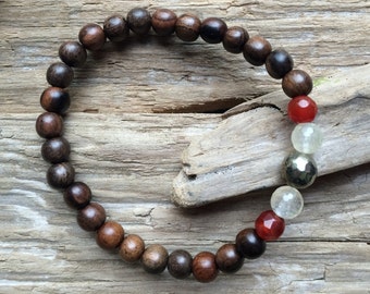 CONFIDENCE ~Positive Mantra Bracelet~ Wood Bracelet with a Mix of Semi-Precious Healing Stones (Carnelian, Citrine, and Pyrite)