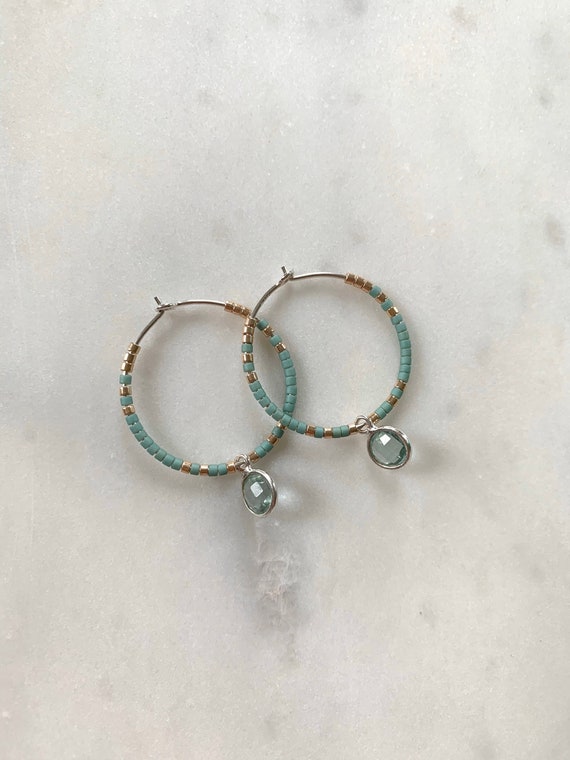 Turquoise + Gold Glass Beaded + Dangle BLUE TOPAZ Sterling Silver HOOP Earrings/ Earrings/ Hoop Earrings/ Beaded Hoops/ Mother’s Day