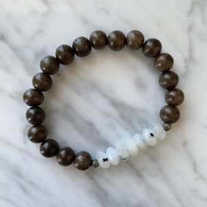 Beautiful Faceted RAINBOW MOONSTONE Healing Beads + Gray Wood Beaded Bracelet// Stacking// Statement Bracelet// Healing// JUNE Birthstone