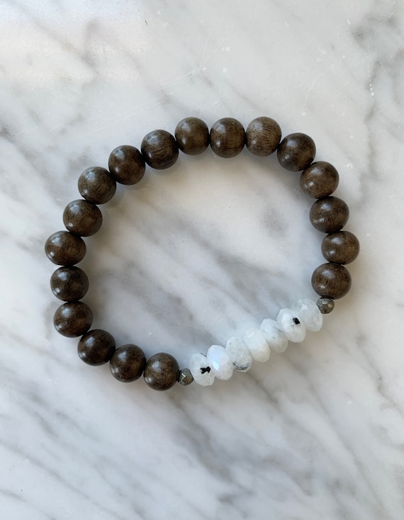 Beautiful Faceted RAINBOW MOONSTONE Healing Beads + Gray Wood Beaded Bracelet// Stacking// Statement Bracelet// Healing// JUNE Birthstone