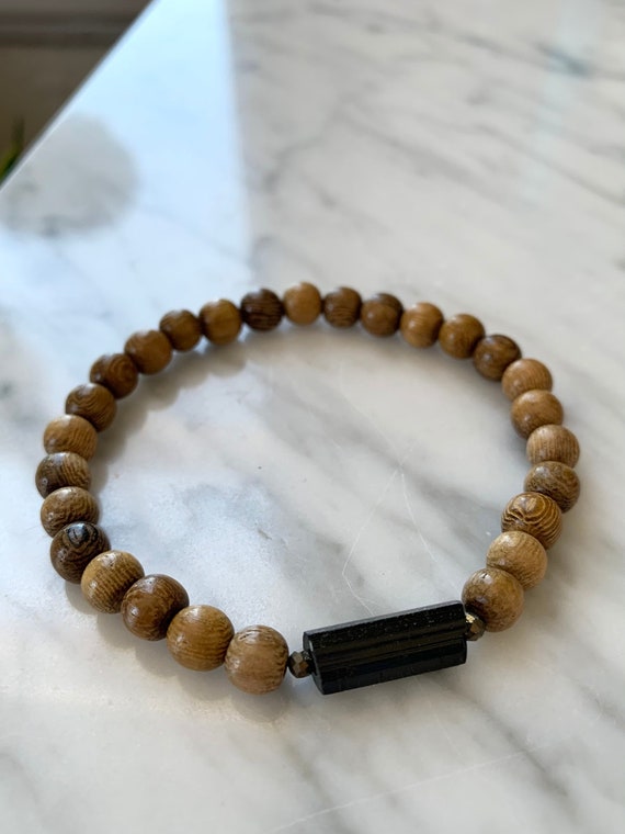 Beautiful BLACK TOURMALINE Beryl + Pyrite Healing Beads w/Robles Wood Beaded Bracelet// Stacking Bracelet// Statement Bracelet// PROTECTION