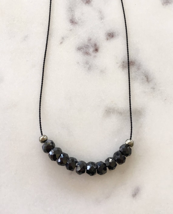 Black Spinel GEM DROP Healing NECKLACE w/ Faceted Spinel and Pyrite Beads on Silk Cord/ Layering Necklace/ Healing Necklace/ Petite Necklace