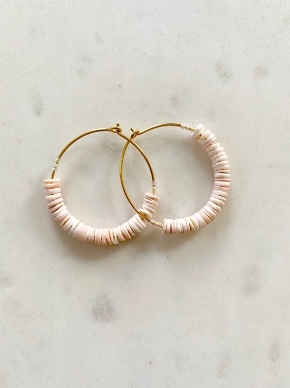 Opalescent Glass + Pink PUKKA Shell Beaded Gold Vermeil HOOP Earrings/ Earrings// Hoops/ Trendy Hoops// Beaded Earrings/ Nautical