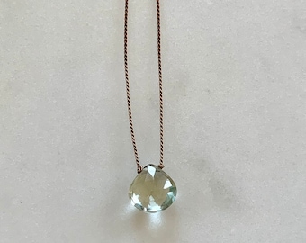 Green AMETHYST GEM Drop Healing NECKLACE w/ Faceted Briolette Bead on Silk Cord// Layering Necklace// Healing Necklace// Birthstone Jewelry
