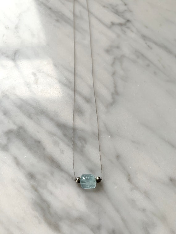 AQUAMARINE Beryl + Pyrite GEM Drop HEALING Necklace w/Faceted Beads on Sturdy Cord// Layering Necklace// Healing Necklace// March Birthstone