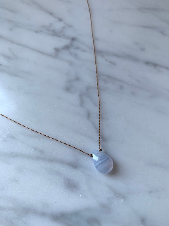 Blue LACE AGATE Gem Drop Healing NECKLACE w/Faceted Briolette Bead on Sturdy Cord// Layering Necklace// Healing Necklace// Delicate Necklace