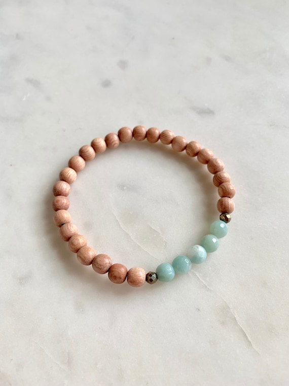 Rose Wood Beaded Bracelet with Faceted Amazonite and Pyrite Healing Beads// Stacking Bracelet// Healing Bracelet// Statement Bracelet