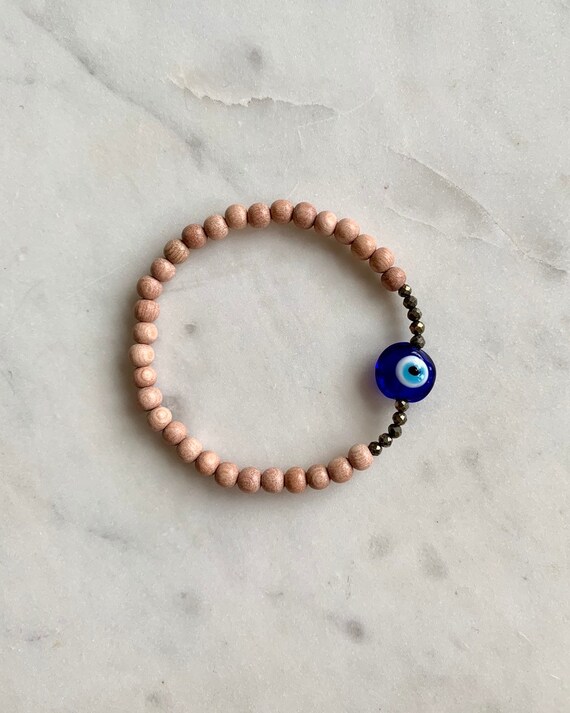 Beautiful Glass EVIL EYE w/ PYRITE Healing Beads w/Rose Wood Beaded Bracelet// Stacking Bracelet// Statement Bracelet// Healing// Protection