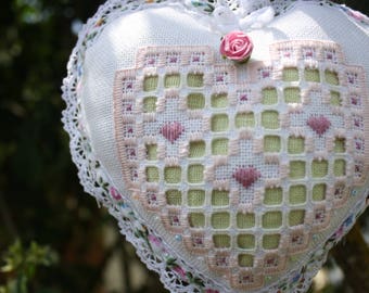 Heart hand embroidered white Hardanger fabric and lime green linen