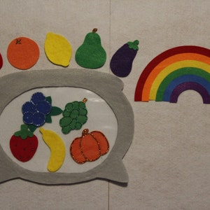 Puede incluir: Una manualidad de fieltro con una olla gris llena de frutas de fieltro: una fresa, un plátano, arándanos, uvas y una calabaza. Encima de la olla hay una manzana roja, una naranja, un limón, una pera verde y una berenjena morada. También se incluye un arcoíris.