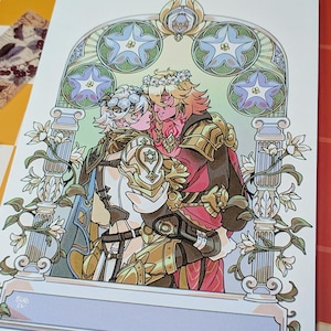 May include: A rectangular art print featuring a stylized illustration of two figures in ornate armor embracing under a decorative archway adorned with blue morning glory flowers and green vines, set against a white background with gold accents.