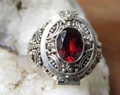 Sterling Silver, Poison, Locket, Keepsake Ring, Garnet Stone LR-794-DG