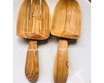 A Set of 2 Olive Wood Salad Servers /Handmade  Olive Wood Spoons