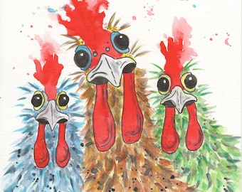 acquerello di pollo, arte del pollo, arte del gallo, pittura del galletto, animale da fattoria, arte degli amanti degli uccelli, pittura originale di pollo colorato, marjansart