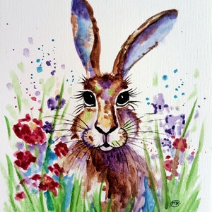 hare in flower meadow original art by marjansart, hare painting, bunny, rabbit, pet, animal, Easter, wildlife art, baby gift, hare portrait