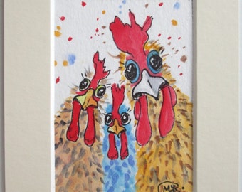 ACEO, acquerello di pollo originale, arte del pollo, arte del gallo, pittura del galletto, animale da fattoria, arte degli uccelli, amante degli uccelli, pittura di pollo colorato