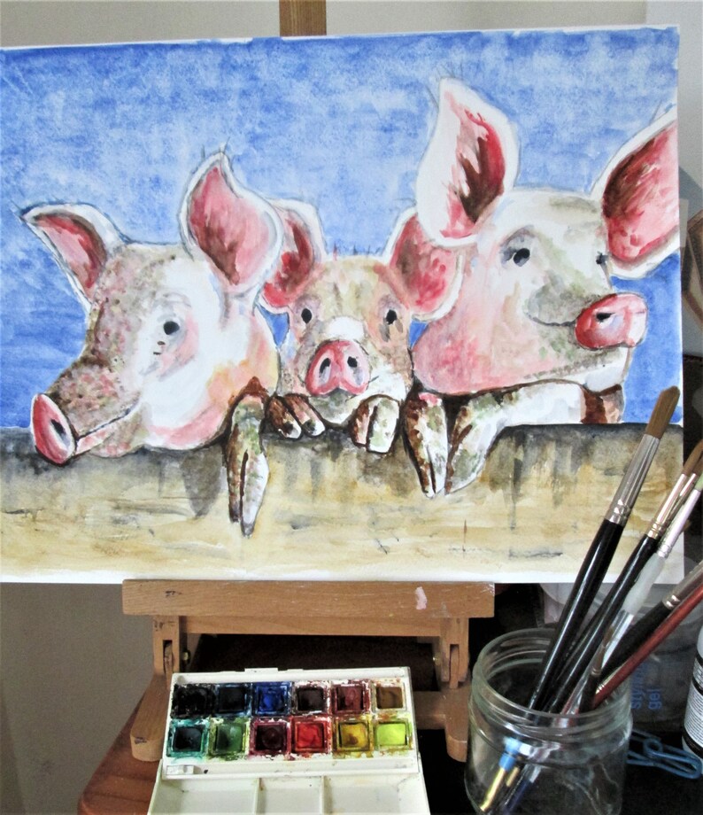 Original Three Little Pigs Art Colorful Farm Animal Art Baby Etsy UK