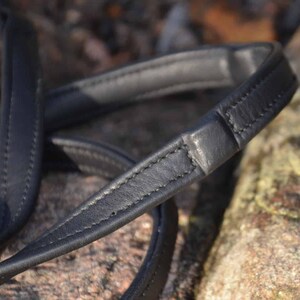 May include: Close-up of a black leather dog leash with a stitched seam. The leash is folded in half, showing the stitching detail.