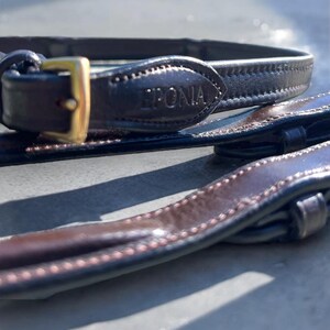 May include: A brown leather horse riding bridle with a gold buckle and the word "EPONIA" embossed on the strap.