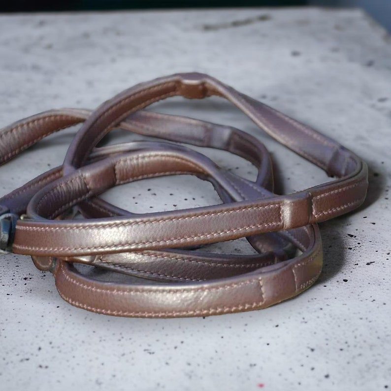 May include: A set of three brown leather straps with a stitched edge. The straps are rolled up and tied together.