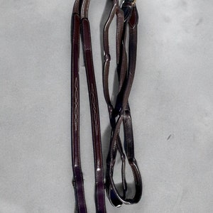 May include: A pair of brown leather reins with decorative stitching. The reins are folded in half and have a gold buckle.