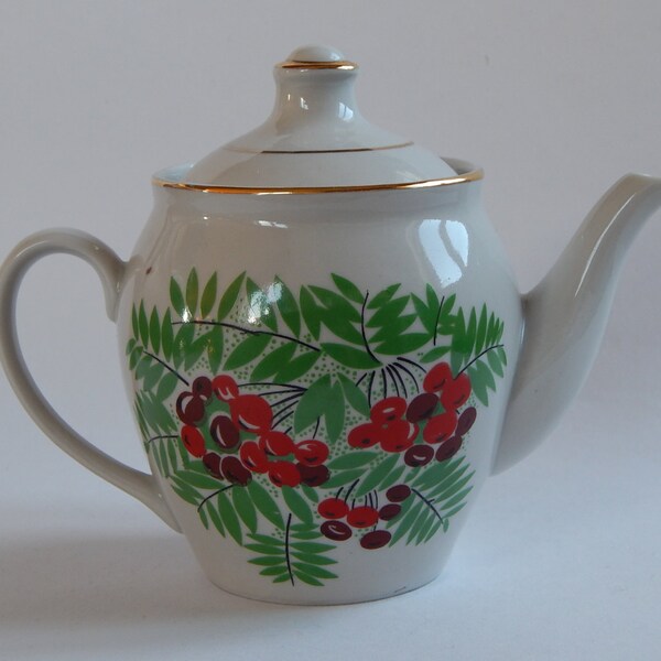 Soviet Vintage Faience Teapot Red White Green Rowan Berry Teapot, Decorated Faience Teapot, Russian Home Decor, USSR era on the 1970-s.