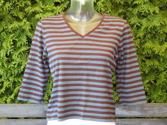 Marimekko Striped T- shirt Blue Brown Ladies 3/4 … - image 2