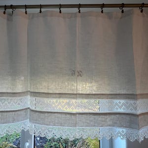 Unique Antique Linen Valance Monogram Curtain Handmade Crocheted Lace Organic Linen with Pocket Rod 78 x 135 cm