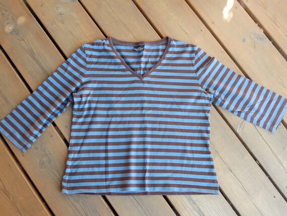 Marimekko Striped T- shirt Blue Brown Ladies 3/4 … - image 5