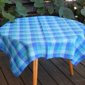 Vintage Checkered Blue Turquoise Linen Tablecloth Made in Finland