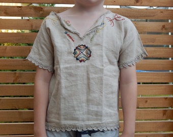 Vintage Linen Kids Blouse unisex handmade blouse with Hand Embroidered Pattern 100% linen